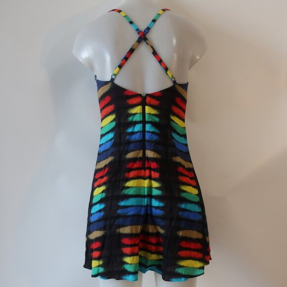 Women Alice + Olivia Rainbow Print Block Tie Dye Strappy Mini Dress 4 - Picture 6 of 10